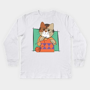 Knitting Calico Kitty Kids Long Sleeve T-Shirt